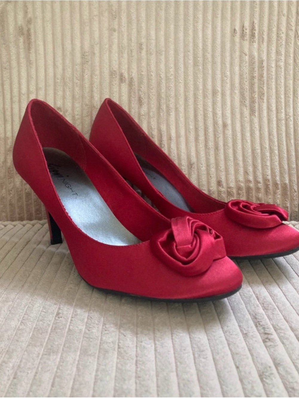 FIONI Clothing Red Satin Heels with Rosette Accent
